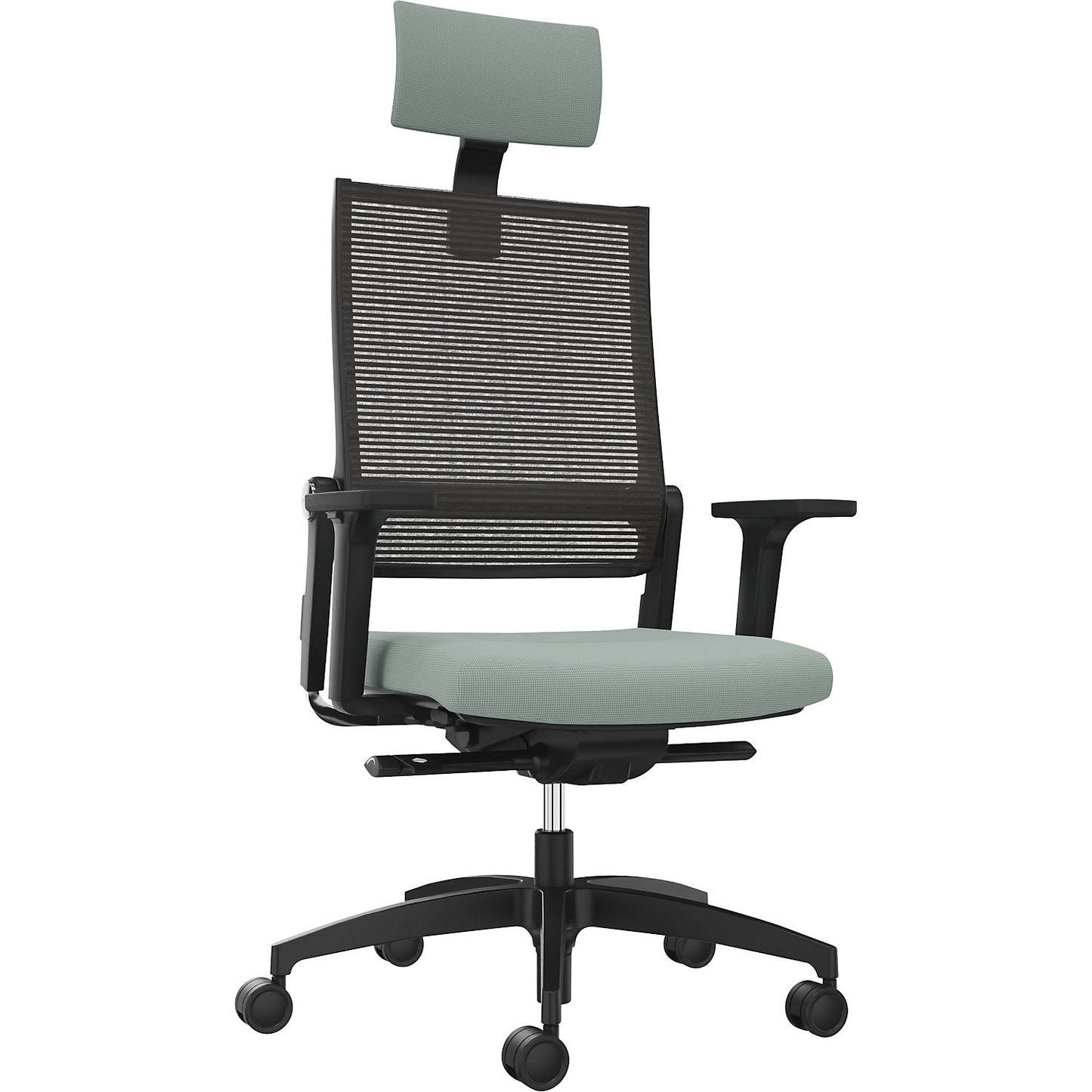 LORDO FLEX office chair, with mesh back rest, blue green, with headrest.