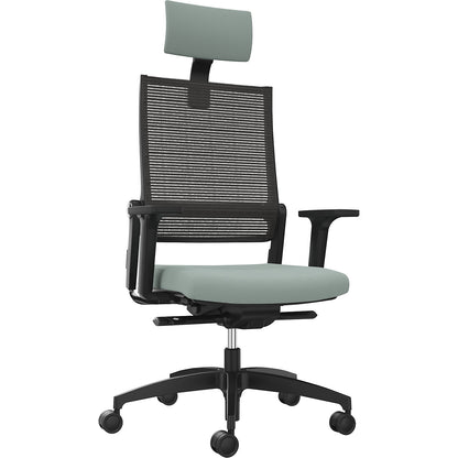 LORDO FLEX office chair, with mesh back rest, blue green, with headrest.