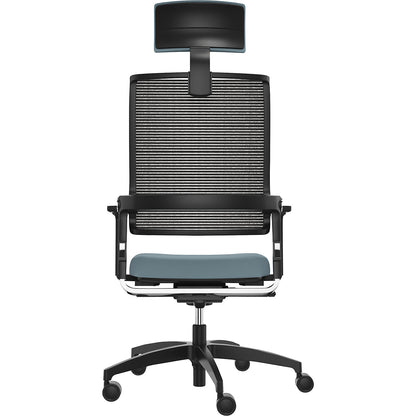LORDO FLEX office chair, with mesh back rest, water blue, with headrest.