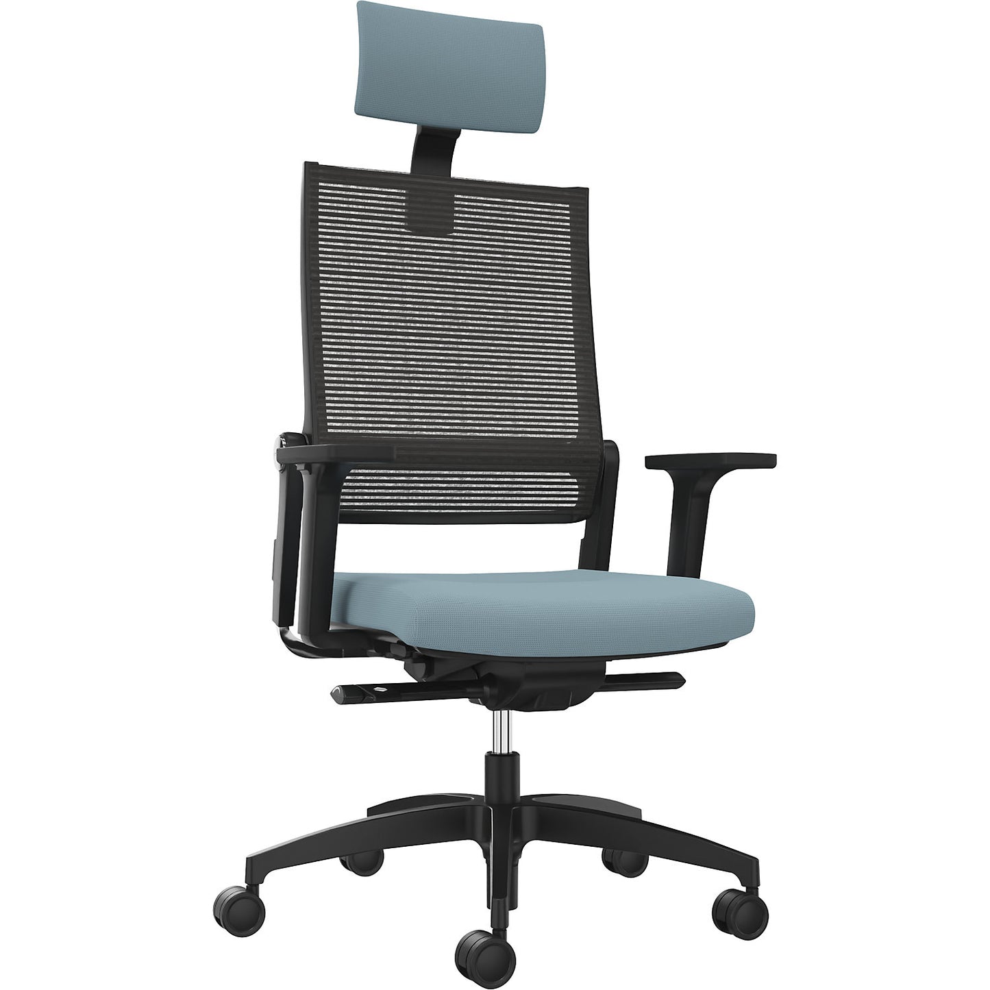 LORDO FLEX office chair, with mesh back rest, water blue, with headrest.