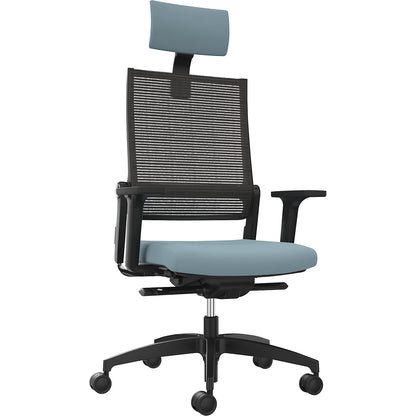 LORDO FLEX office chair, with mesh back rest, water blue, with headrest.
