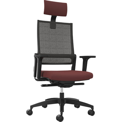 LORDO FLEX office chair, with mesh back rest, ruby red, with headrest.