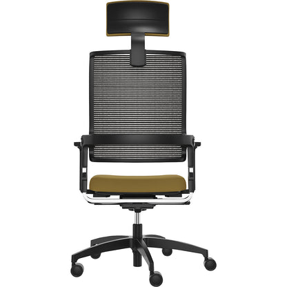 LORDO FLEX office chair, with mesh back rest, yellow, with headrest.