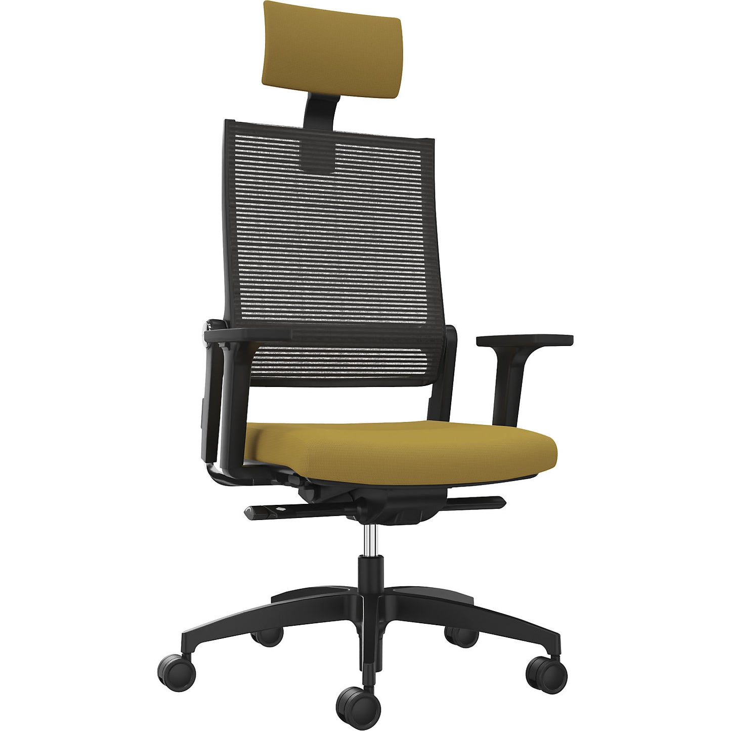 LORDO FLEX office chair, with mesh back rest, yellow, with headrest.