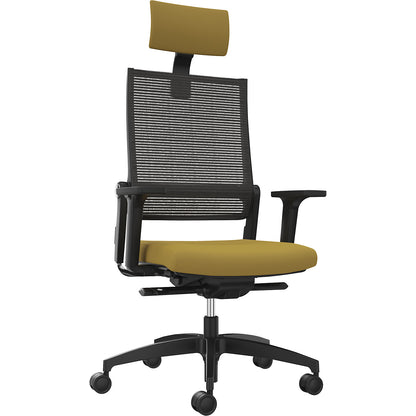LORDO FLEX office chair, with mesh back rest, yellow, with headrest.