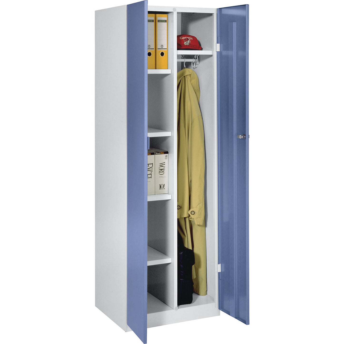 Frankfurt cleaning cupboard, 4 shelves, 1 clothes rail, W 600 mm, pigeon blue doors.