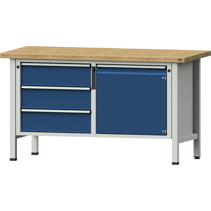 Workbench, Series V frame construction, 3 drawers, door 540 mm, solid beech, full extension, NFC lock.