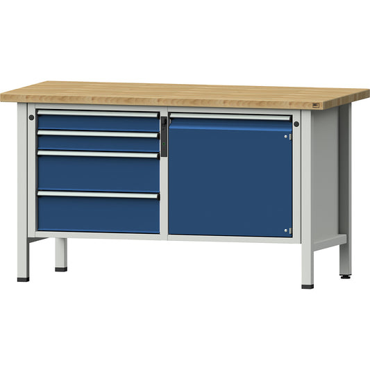 Workbench, Series V frame construction, 4 drawers, door 540 mm, solid beech, full extension, NFC lock.