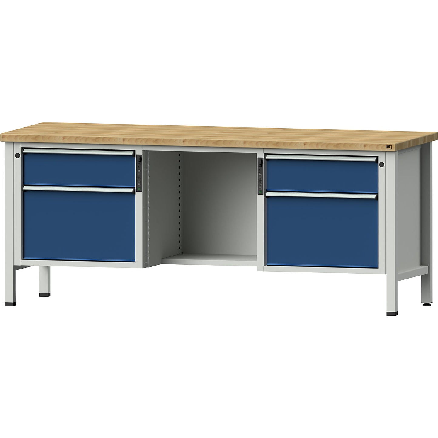 Workbench, Series V frame construction, drawers 2 x 180 mm, 2 x 360 mm, ½ shelf, solid beech, full extension, PIN code lock.