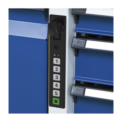 Workbench, Series V frame construction, drawers 2 x 180 mm, 2 x 360 mm, ½ shelf, solid beech, full extension, PIN code lock.