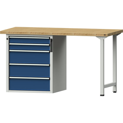 Workbench, Series V frame construction, 5 drawers, width 1500 mm, solid beech, full extension, NFC lock.