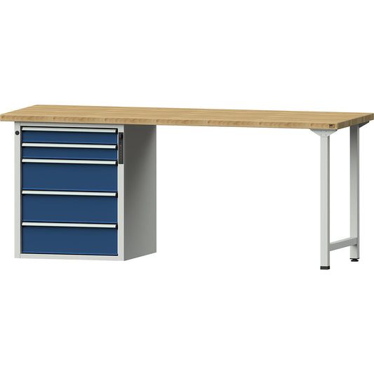 Workbench, Series V frame construction, 5 drawers, width 2000 mm, solid beech, full extension, PIN code lock.