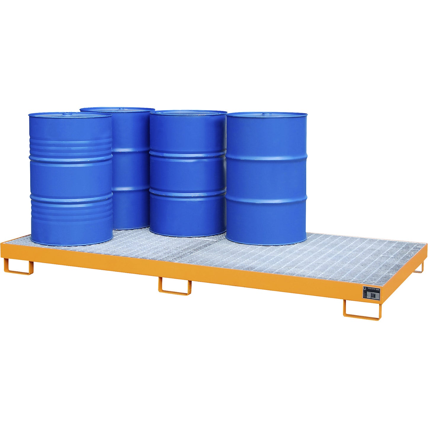 Steel sump tray, sump capacity 240 l, for 8 x 200 l drums, painted orange RAL 2000, with grate.