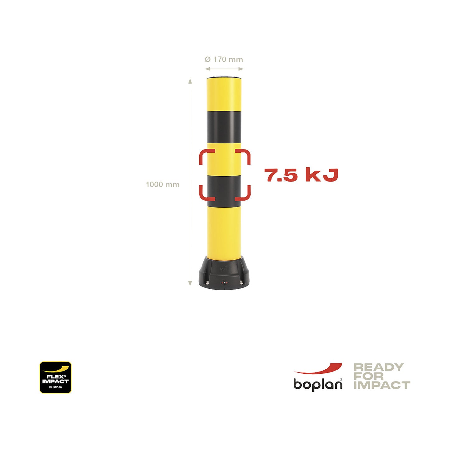 Crash protection bollard 170B, height 1000 mm, yellow, 2 black stripes.