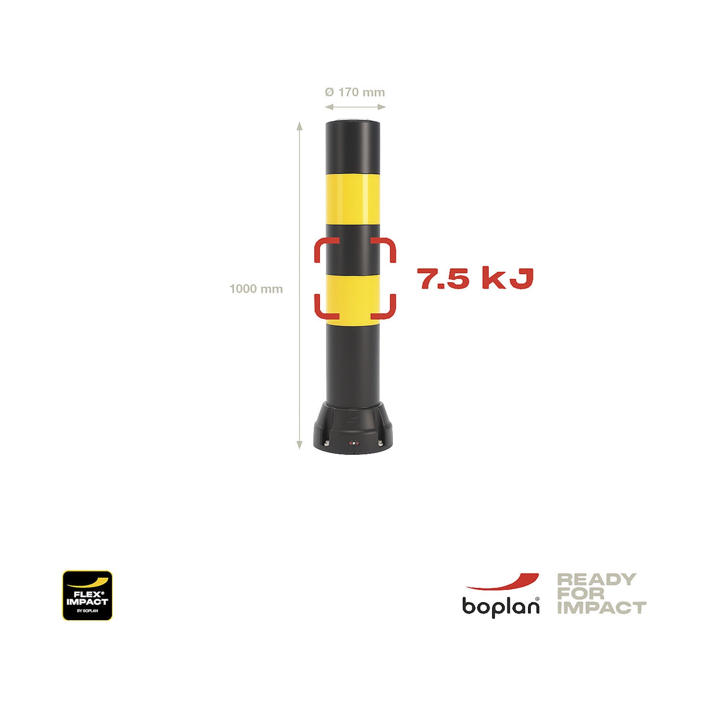 Crash protection bollard 170B, height 1000 mm, black, 2 yellow stripes.
