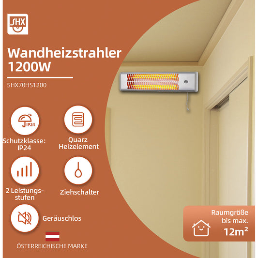 Wall-mounted quartz radiant heater, chrome, 1200 W, LxWxH 115 x 538 x 135 mm.