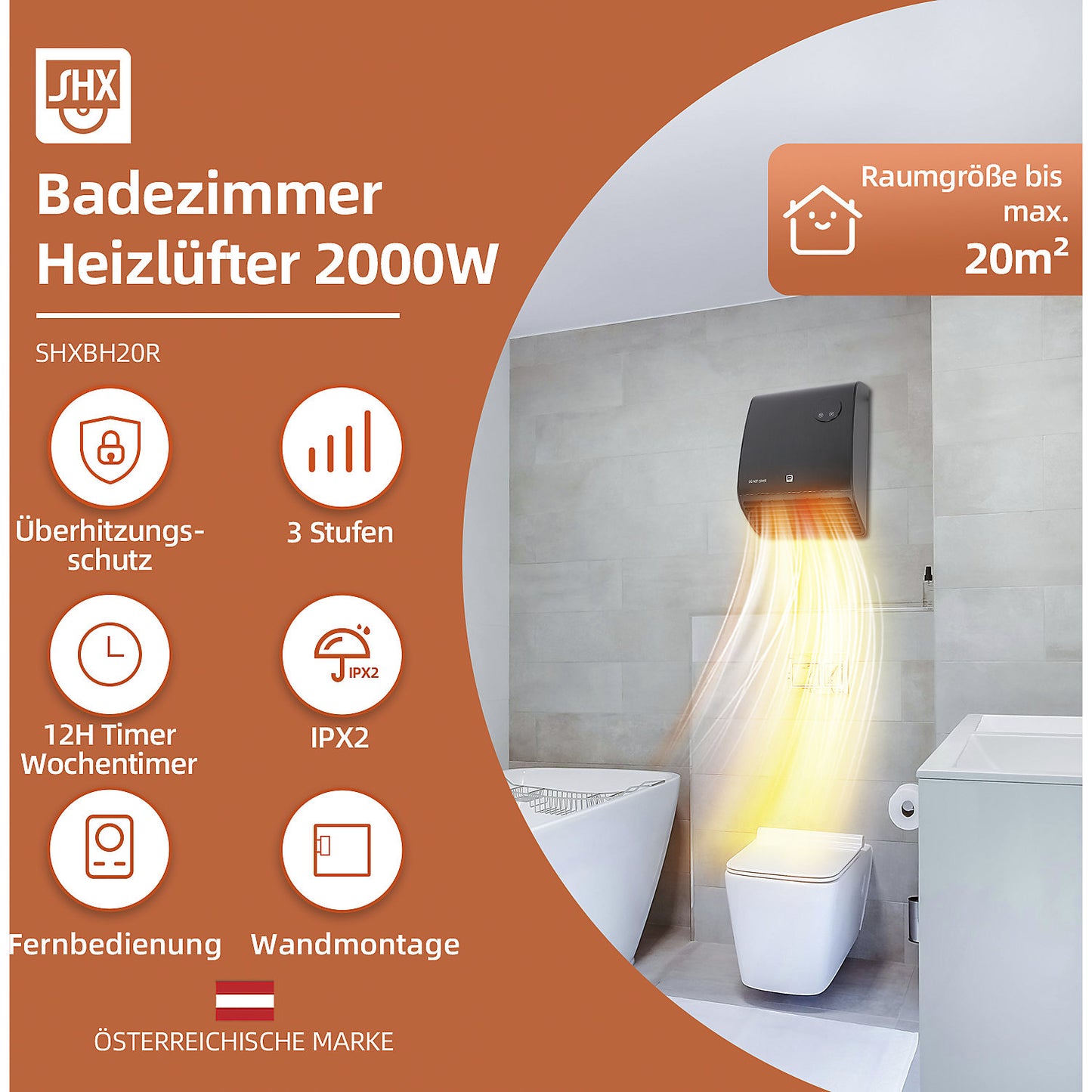 Bathroom fan heater, 2000 W, LxWxH 144 x 253 x 347 mm.