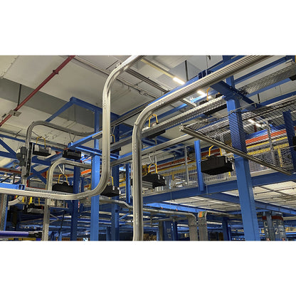 Curved overhead conveyor segment, vertical profile opening on the inside, inner curve radius 400 mm, 45°.