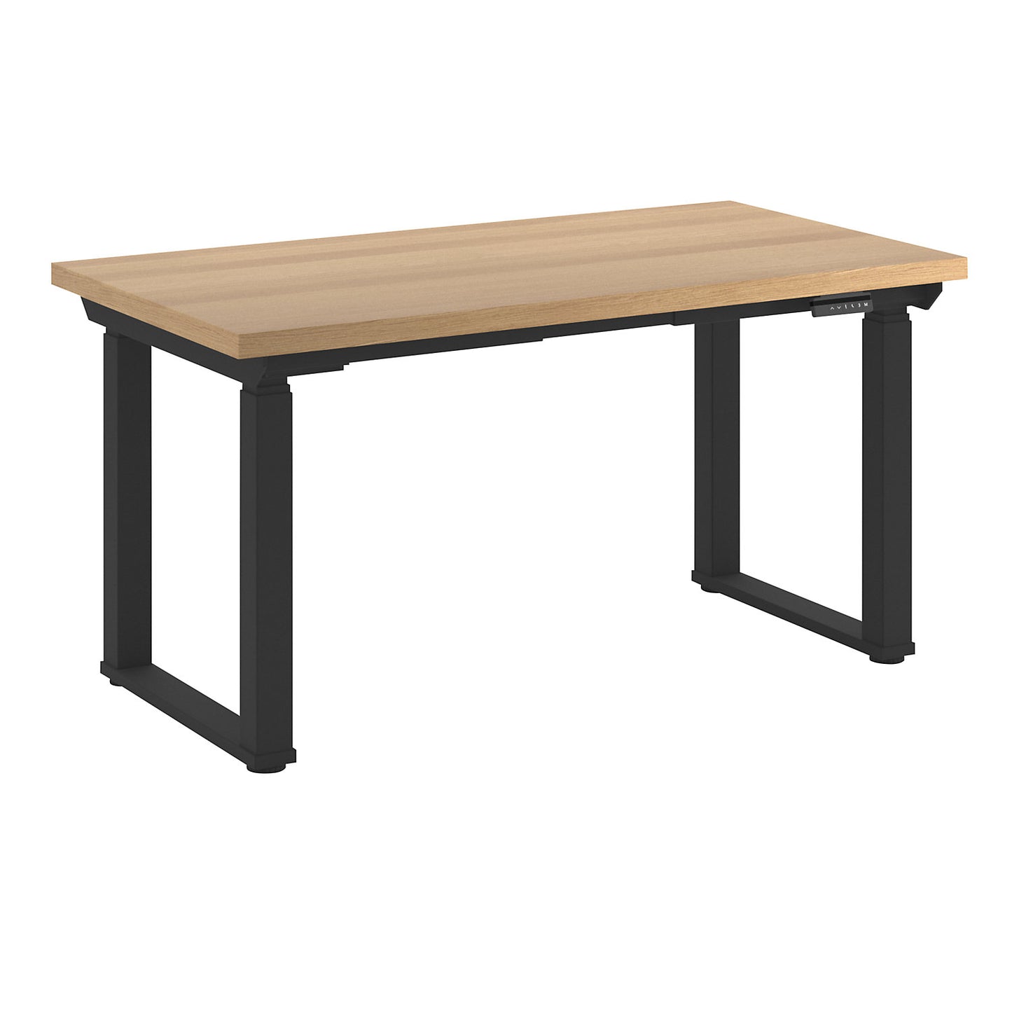 Workbench, electrically height adjustable, height adjustable from 695 - 1350 mm, beech multiplex panel/black, width 1500 mm.