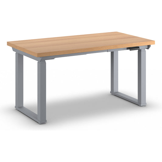 Workbench, electrically height adjustable, height adjustable from 695 - 1350 mm, beech multiplex board/grey, width 1500 mm.
