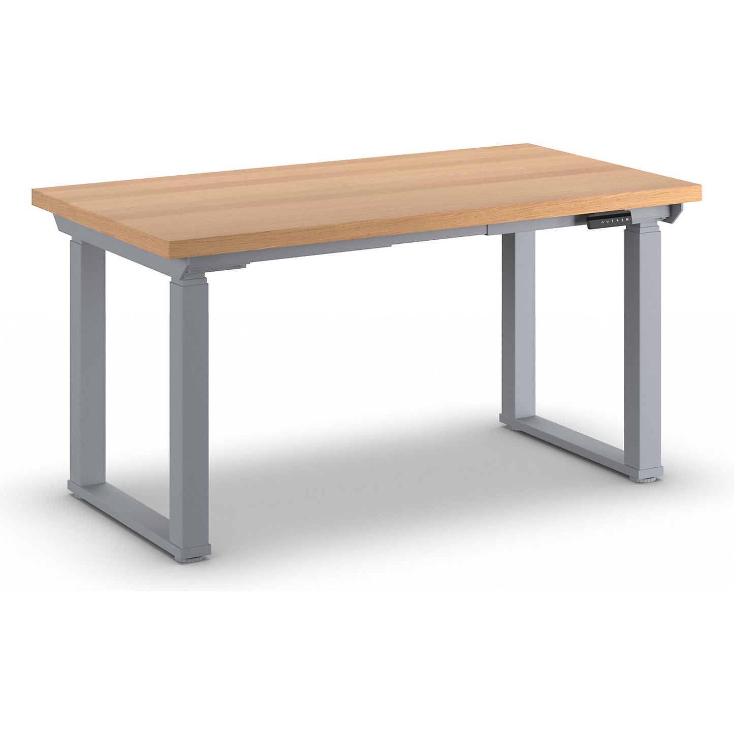 Workbench, electrically height adjustable, height adjustable from 695 - 1350 mm, beech multiplex board/grey, width 1500 mm.