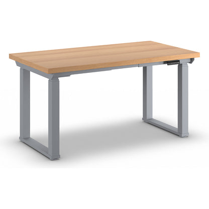 Workbench, electrically height adjustable, height adjustable from 695 - 1350 mm, beech multiplex board/grey, width 1500 mm.