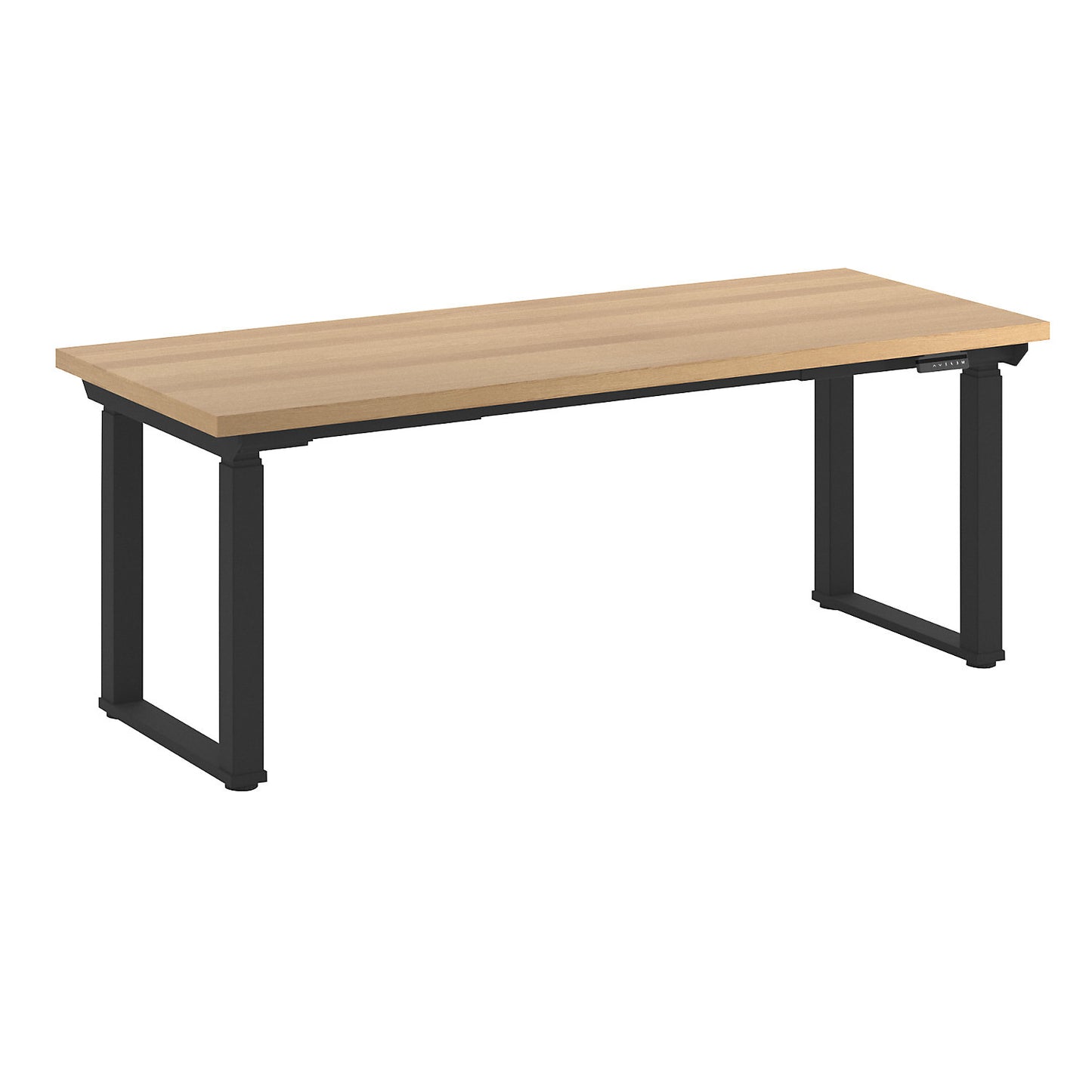Workbench, electrically height adjustable, height adjustable from 695 - 1350 mm, beech multiplex board/black, width 2000 mm.