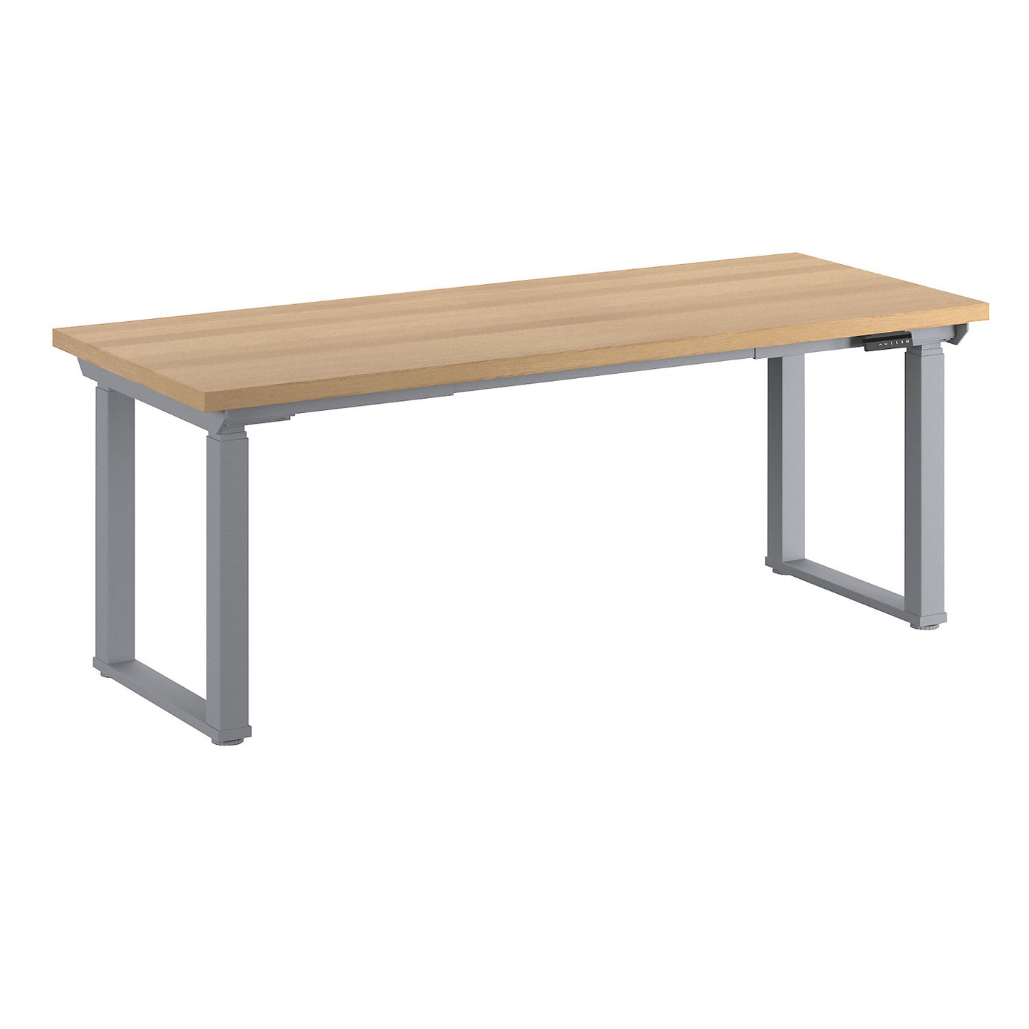 Workbench, electrically height adjustable, height adjustable from 695 - 1350 mm, beech multiplex panel/grey, width 2000 mm.