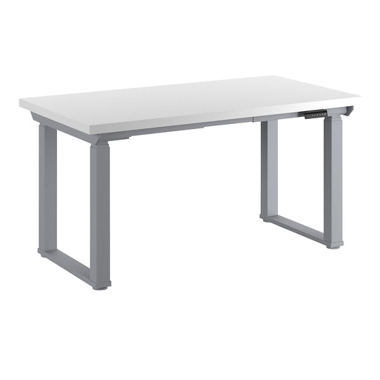 Workbench, electrically height adjustable, height adjustable from 695 - 1350 mm, plastic laminate panel/grey, width 1500 mm.