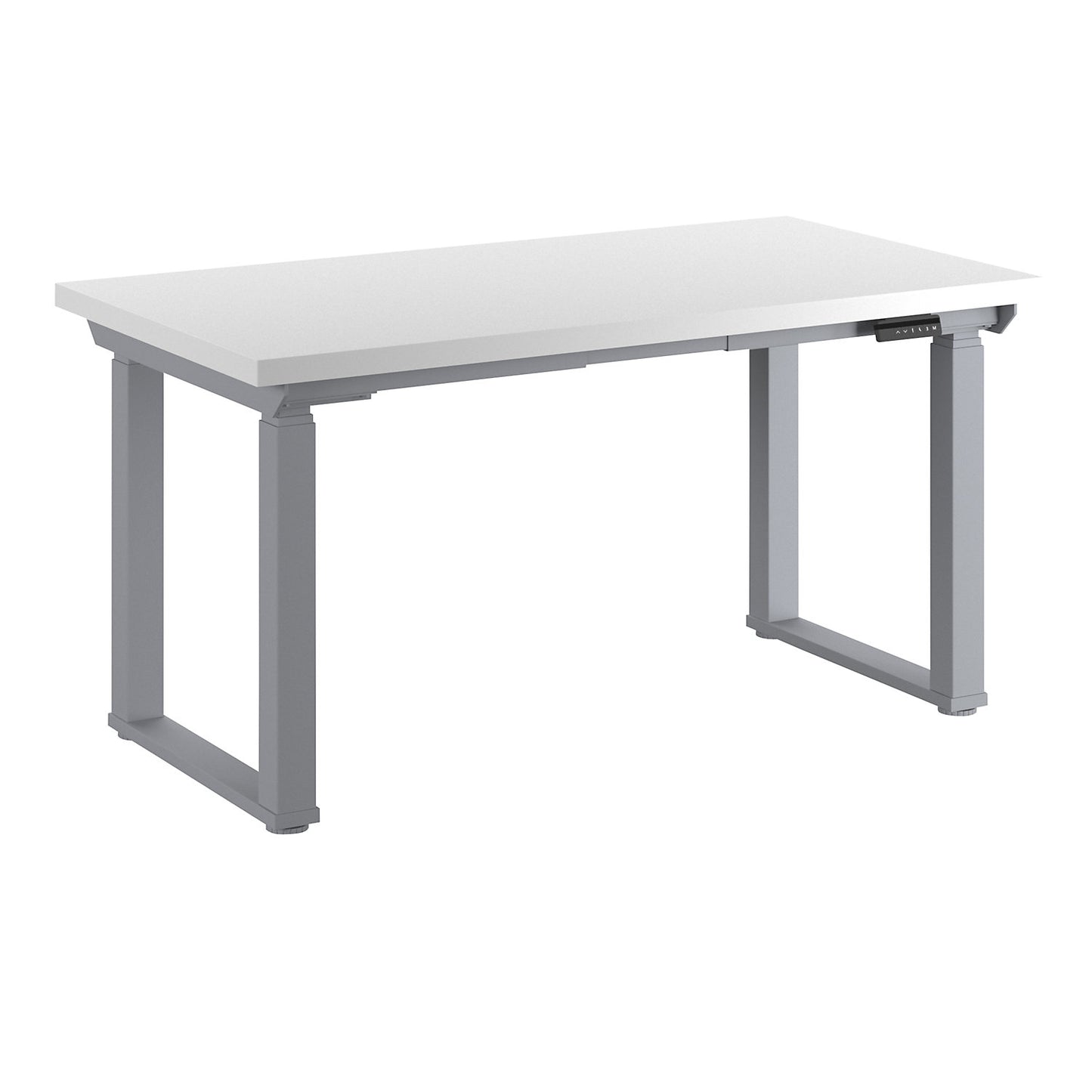Workbench, electrically height adjustable, height adjustable from 695 - 1350 mm, plastic laminate panel/grey, width 1500 mm.