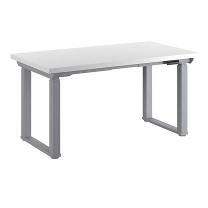 Workbench, electrically height adjustable, height adjustable from 695 - 1350 mm, plastic laminate panel/grey, width 1500 mm.
