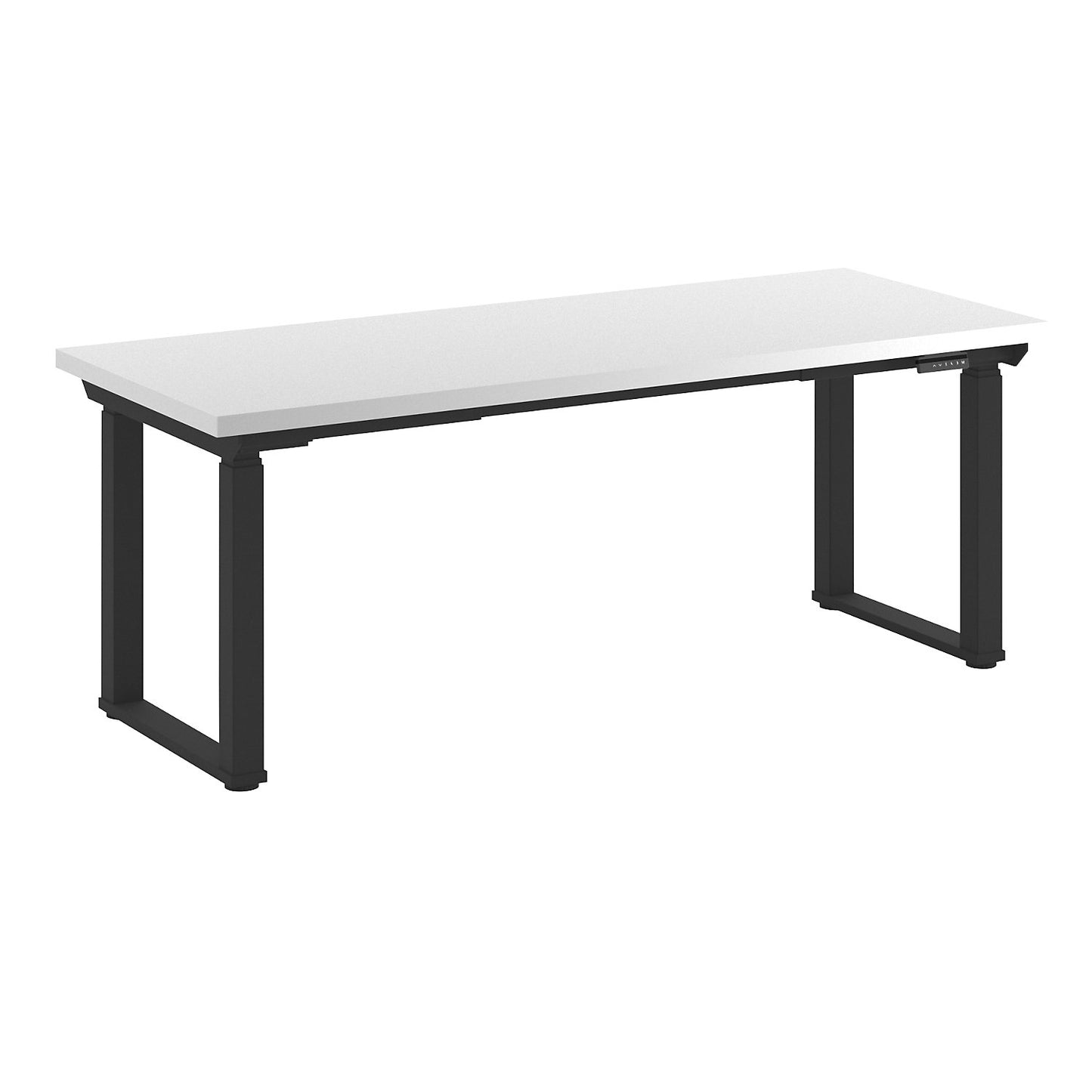 Workbench, electrically height adjustable, height adjustable from 695 - 1350 mm, plastic laminate panel/black, width 2000 mm.