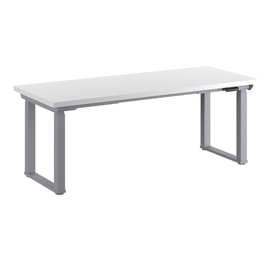 Workbench, electrically height adjustable, height adjustable from 695 - 1350 mm, plastic coated worktop/grey, width 2000 mm.