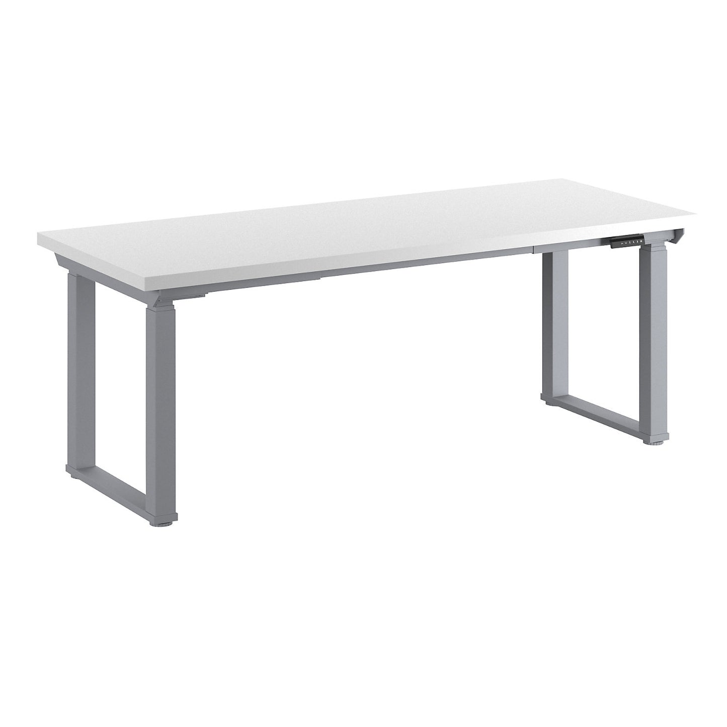 Workbench, electrically height adjustable, height adjustable from 695 - 1350 mm, plastic coated worktop/grey, width 2000 mm.