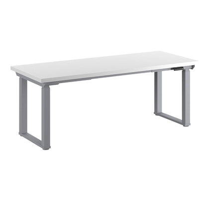 Workbench, electrically height adjustable, height adjustable from 695 - 1350 mm, plastic coated worktop/grey, width 2000 mm.
