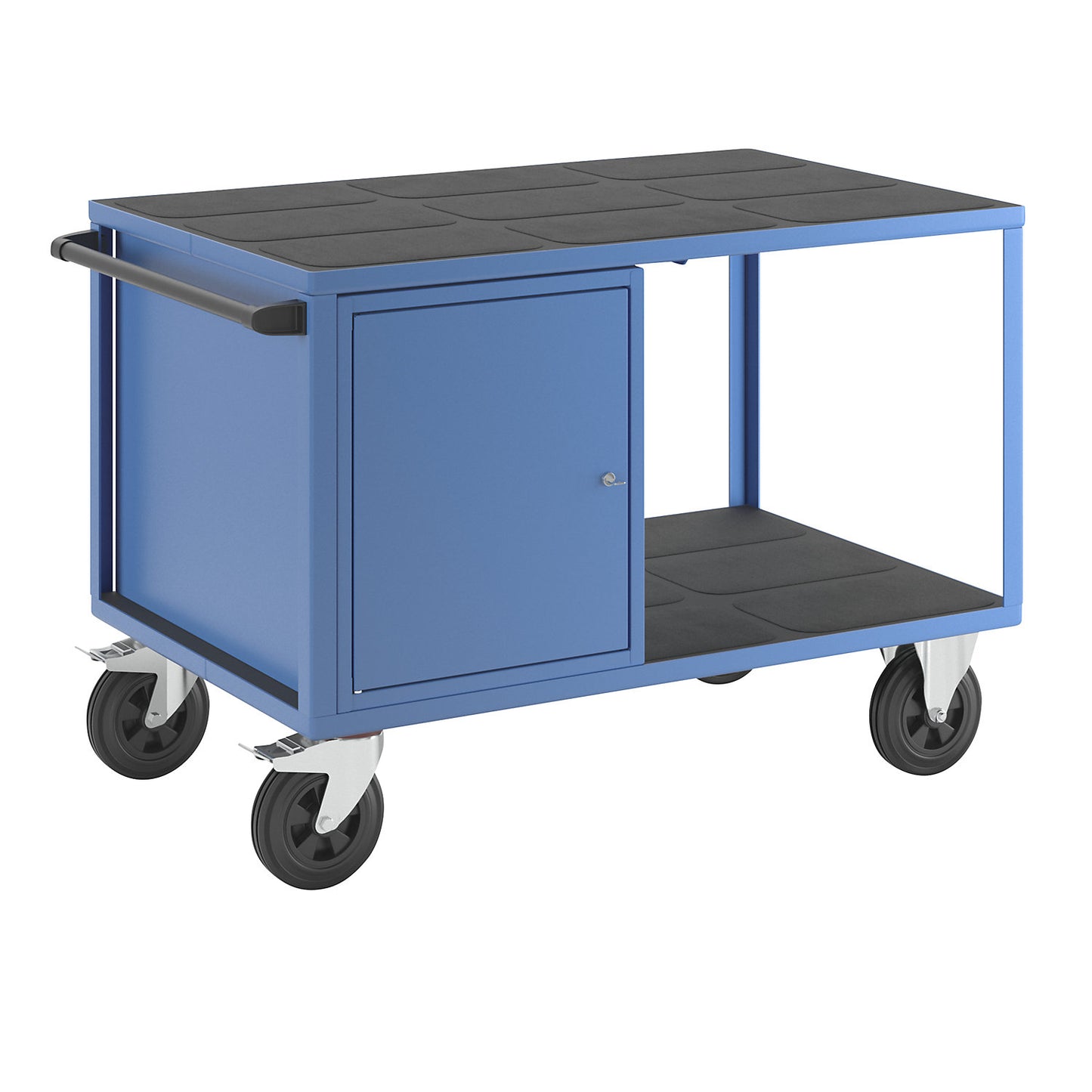 Assembly trolley, max. load 500 kg, 1 cupboard on the left, work surface made of plastic, light blue RAL 5012.