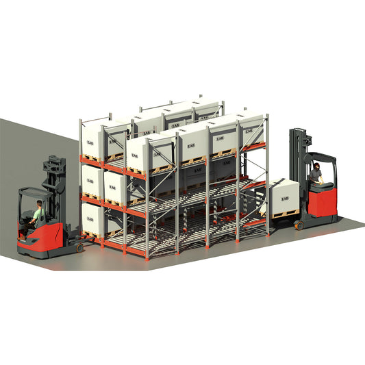 Flow-through pallet racking, with roller conveyors (FIFO), for 36 EUR pallets.