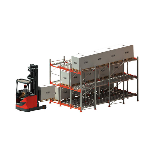 Flow-through pallet racking, with roller conveyors (FILO), for 36 EUR pallets.