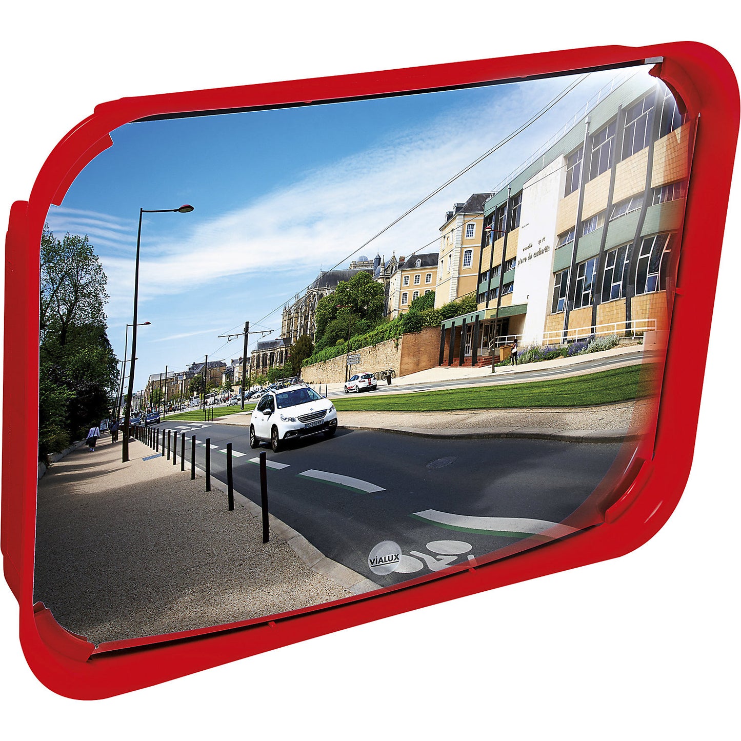 Multi-purpose mirror, 2 directions, rectangular, HxW 400 x 600 mm, red frame, Polymir®.