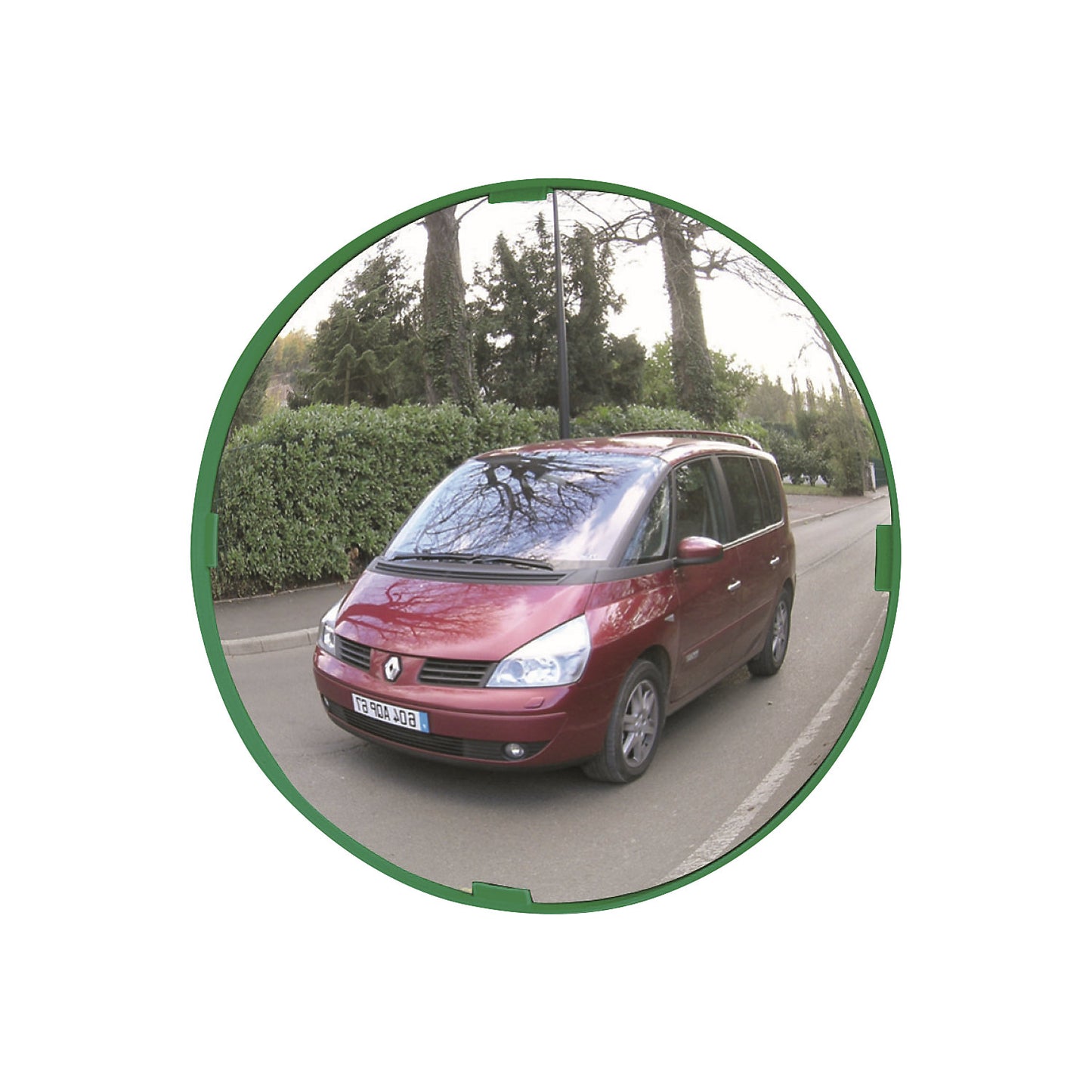 Multi-purpose mirror, 2 directions, round, Ø 400 mm, green frame, Polymir®.