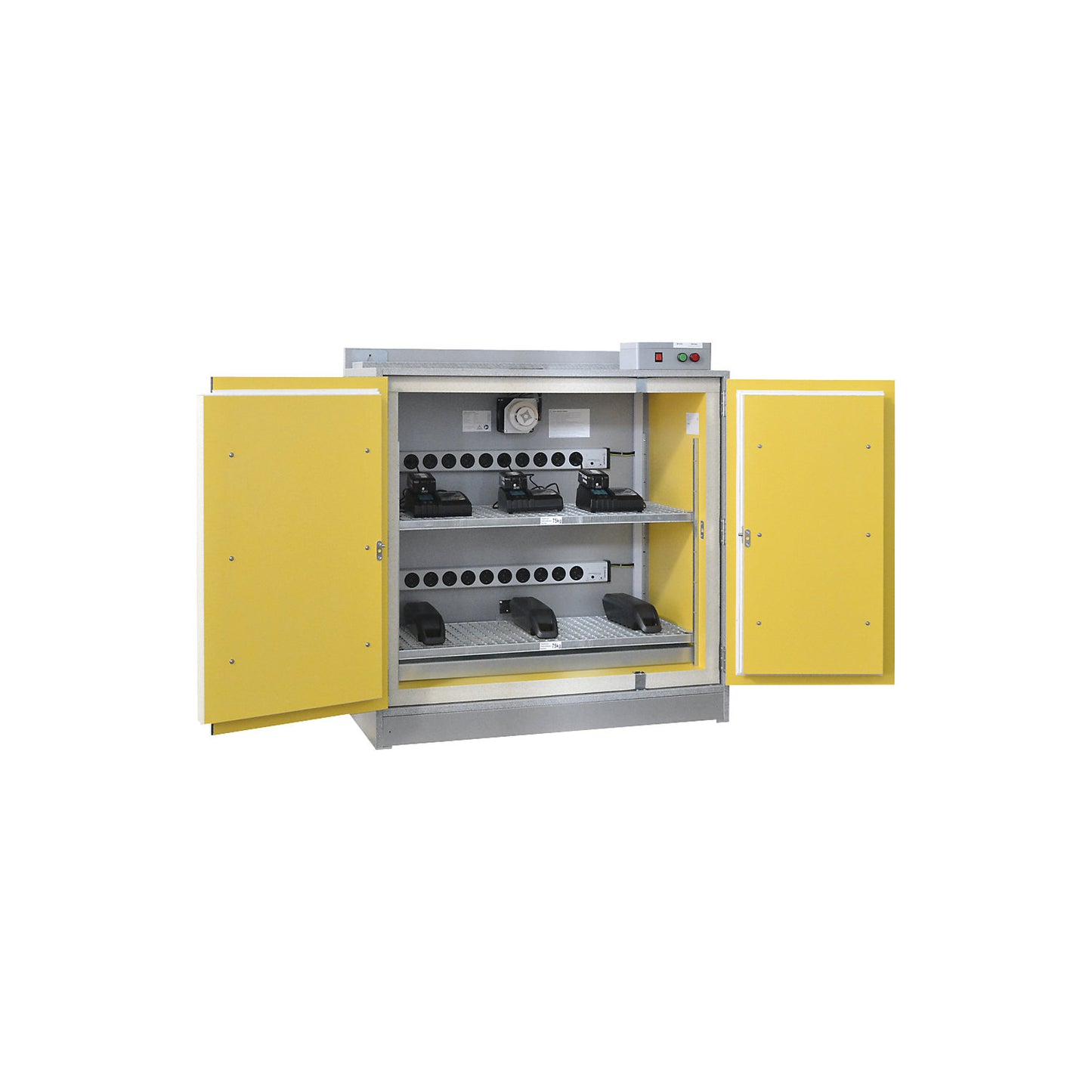 Battery safety charging cabinet SiS Li-Ion Basic Charge EI 90, without fire suppression system, HxW 1222 x 1148 mm, 2 power strips.