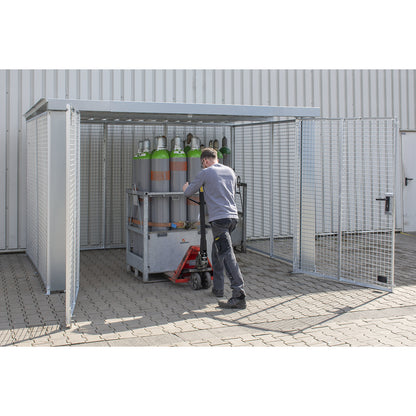 Mesh gas cylinder cage, with roof and double hinged doors, WxD 3560 x 2810 mm.