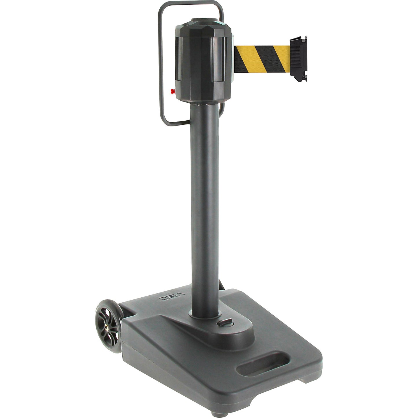 Belt barrier, mobile, 1 x 15 m belt, yellow/black.