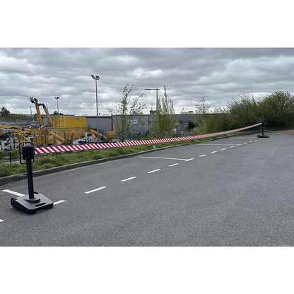 Belt barrier, mobile, 1 x 15 m belt, red/white.