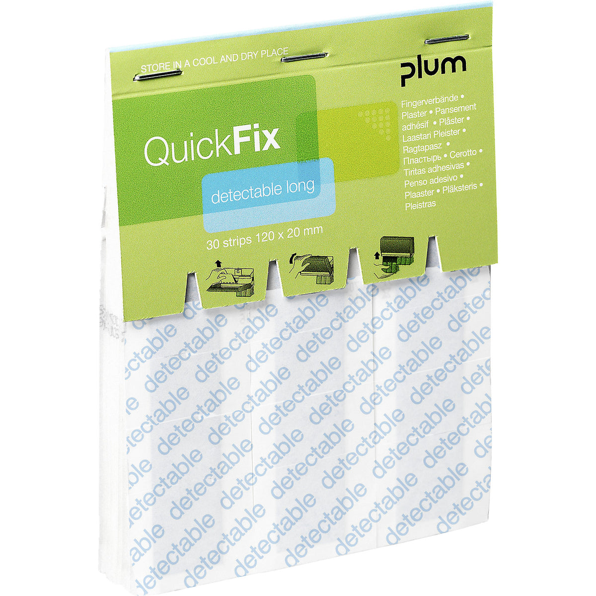 QuickFix plaster refill pack, Detectable Long, pack of 6 x 30 items, HxW 120 x 20 mm.