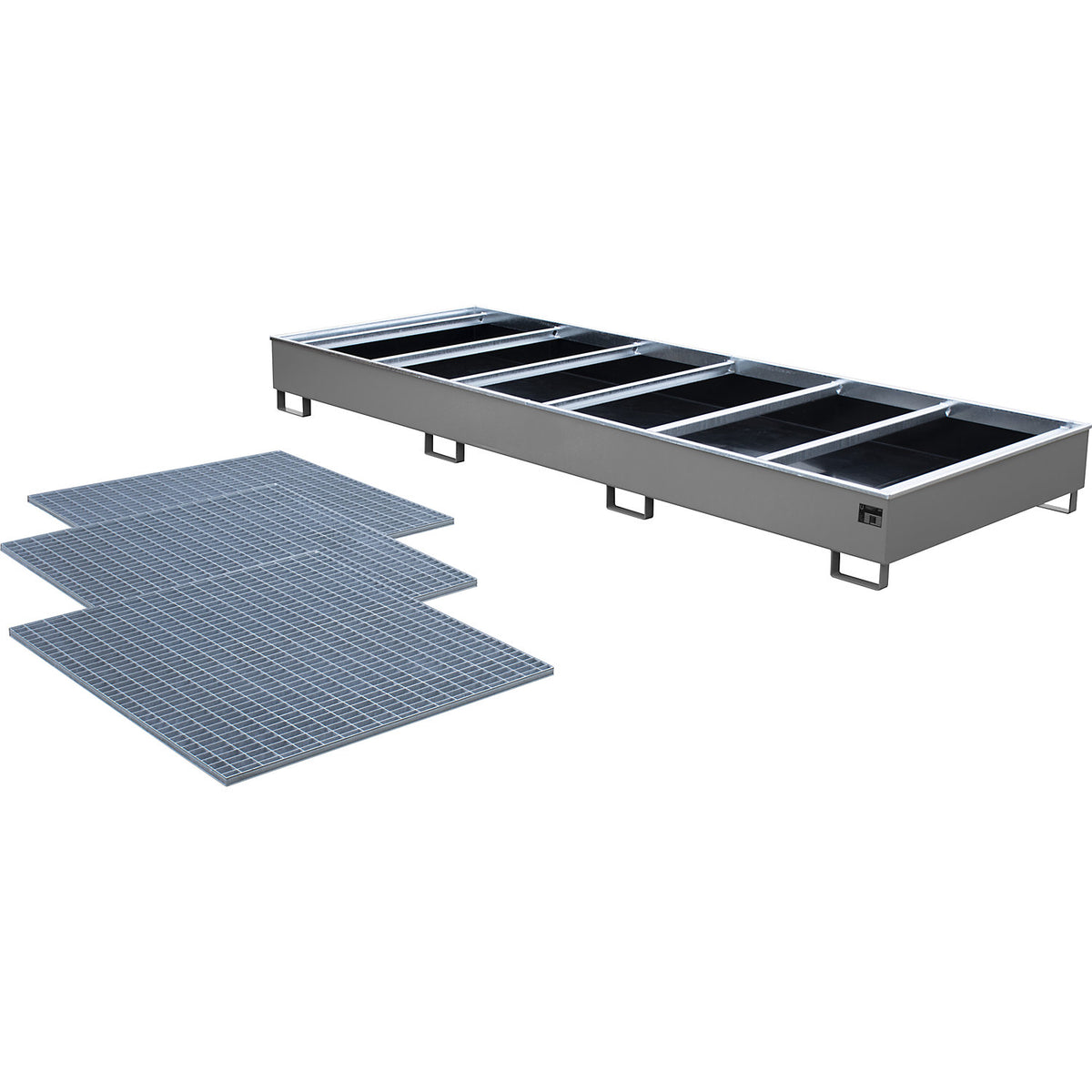 Base sump tray with PE insert, with grate, 1000 l, LxWxH 3565 x 1315 x 360 mm, mouse grey.