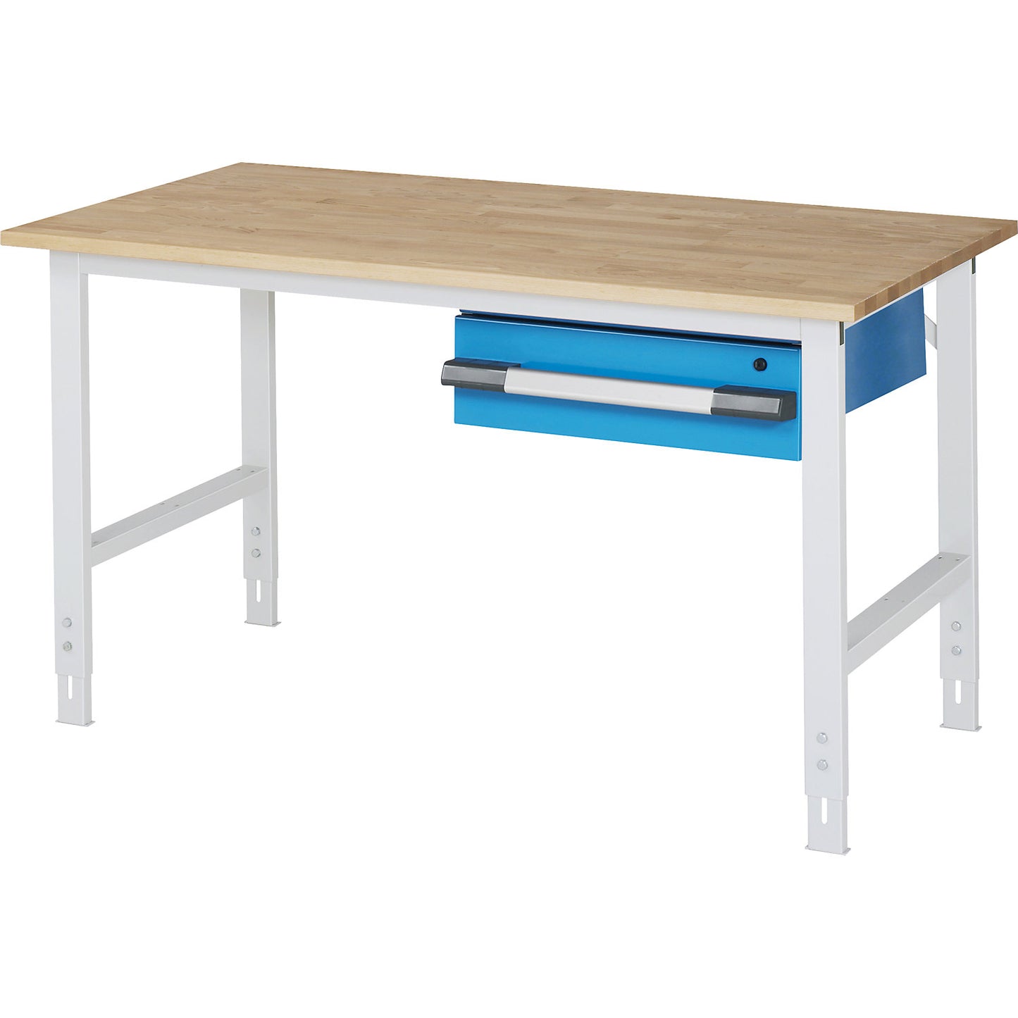 Height-adjustable work table, working height 760 - 1080 mm, WxD 1500 x 800 mm, 1 drawer 150 mm.