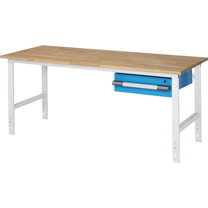 Height-adjustable work table, working height 760 - 1080 mm, WxD 2000 x 800 mm, 1 drawer 150 mm.