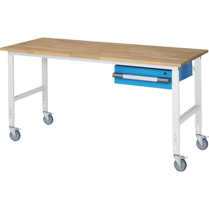 Mobile work table, working height 910 - 1230 mm, WxD 2000 x 800 mm, 1 drawer 150 mm.