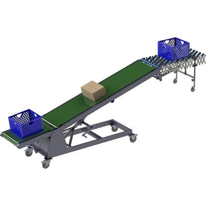 Loading and unloading conveyor, load capacity 30 kg/m, track length 5200 - 7200 mm, W 500 mm.